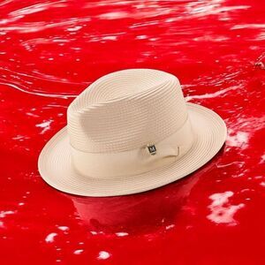 MONTIQUE MENS BEIGE WIDE BRIM PINCH FEDORA HAT W/ MATCHING GROSGRAIN RIBBON H42.